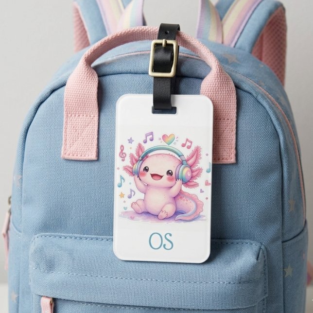 Étiquette À Bagage Mignon Axolotl Kawaii (Kids monogrammed id bag tag. Cute kawaii axotol. Attach to musical instrument bags, sports bags. )