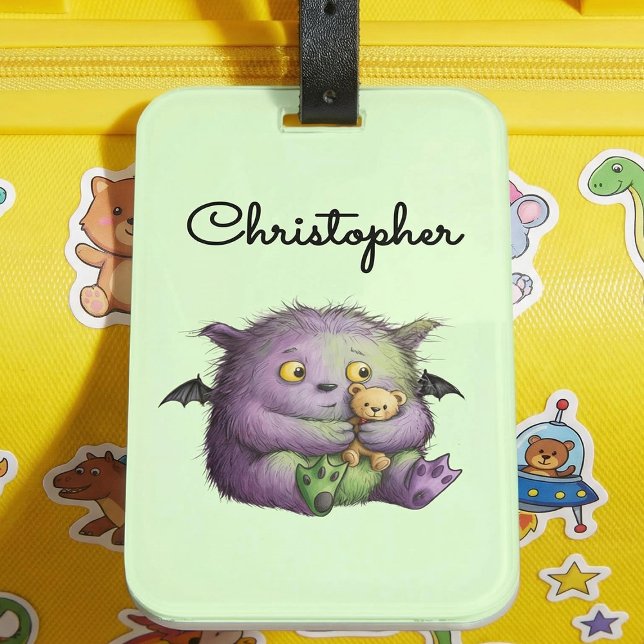 Étiquette À Bagage Mignon Monstre Buddy Violet Vert Tout Fluffy (Créateur téléchargé)