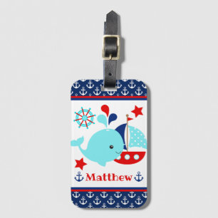 Étiquette À Bagage Mignon motif baleine bleue et ancres nautiques