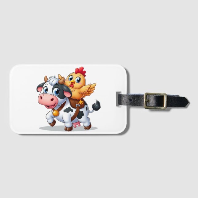 Étiquette À Bagage mignon vache/poulet caricature (Devant Horizontal)