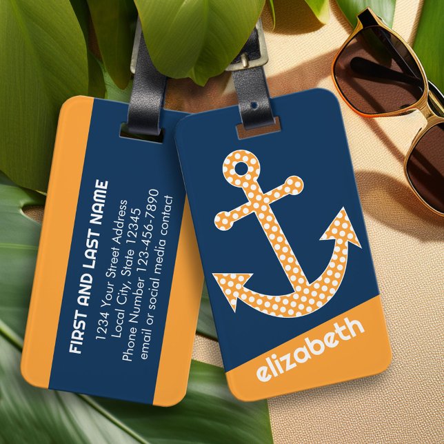 Étiquette À Bagage Mignonne Ancre Pointe Orange avec Nom Personnalisé (Personalized Luggage Tag)