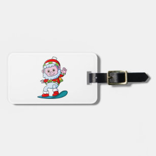 Étiquette À Bagage mignonne yeti en costume père Noël en snowboard