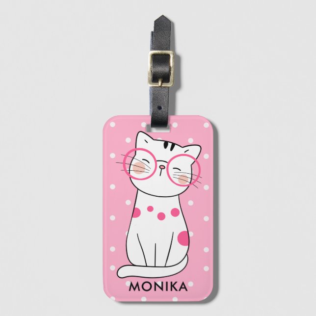 Étiquette À Bagage Mignons blanc Chat rose Polka Motif Monogramme (Devant Vertical)