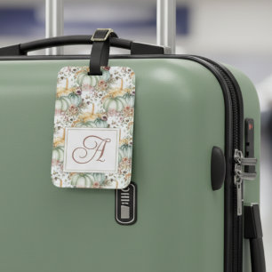 Étiquette À Bagage Mignons Citrouilles Whimsical Et Fleurs Monogramme
