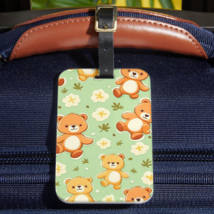 Étiquette À Bagage Mignons ours en peluche et motif de feuilles verte