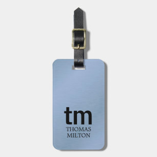 Étiquette À Bagage Mini Faux Métal Bleu Noir Gras Monogramme QR