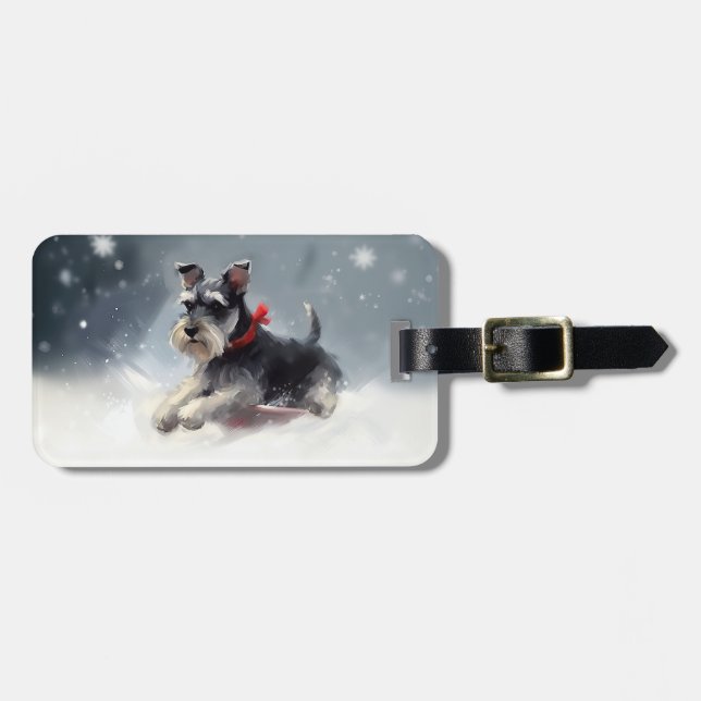 Étiquette À Bagage Miniature Schnauzer Noël neige hiver (Devant horizontal)