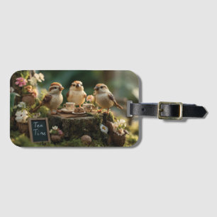 Étiquette À Bagage Miniatures d'oiseaux ayant une partie de thé en fo
