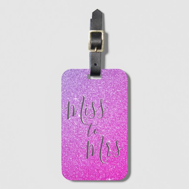 Étiquette À Bagage Miss to Mrs Mariage Rose Violet Pailleté Ombre (Devant Vertical)