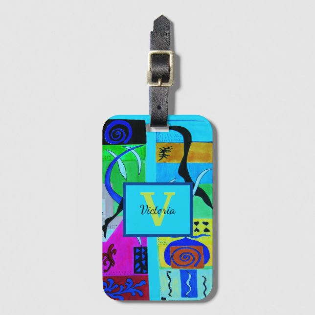 Étiquette À Bagage Mode bleue Inspiration Abstraite de Matisse (Devant Vertical)