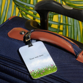 Étiquette À Bagage Modèle, ciel bleu et prairie de fleurs,