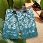 Étiquette À Bagage Modèle de Damas gris turquoise Texte personnalisé<br><div class="desc">Un motif vintage avec tableau de bord et dentelle. Regardez de près les fleurs et les feuilles.Un design tendance avec les couleurs de bijoux et l'élégance. Les éléments sont plus faciles à customiser lorsque vous remplacez tout le texte et les photos en premier. Si votre art doit encore être ajusté,...</div>