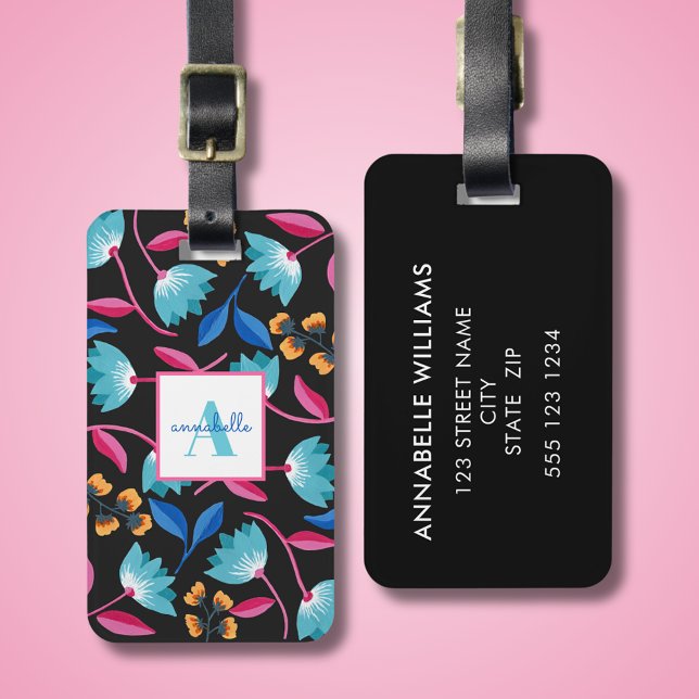 Étiquette À Bagage Modèle floral d'art folklorique monogramme (Colour folk art floral pattern luggage tag with monogram, first name and contact details to reverse.)