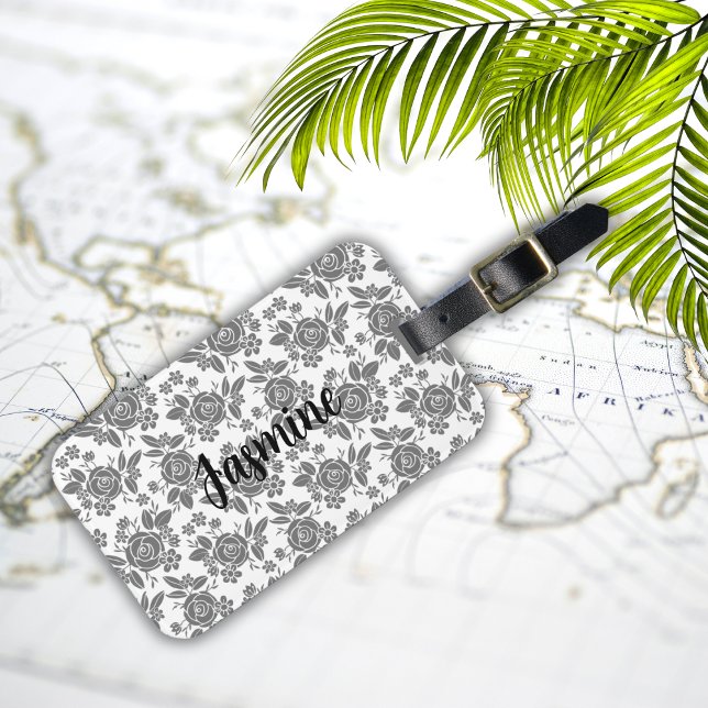 Étiquette À Bagage Modèle floral Rose gris avec Monogramme personnali (Créateur téléchargé)