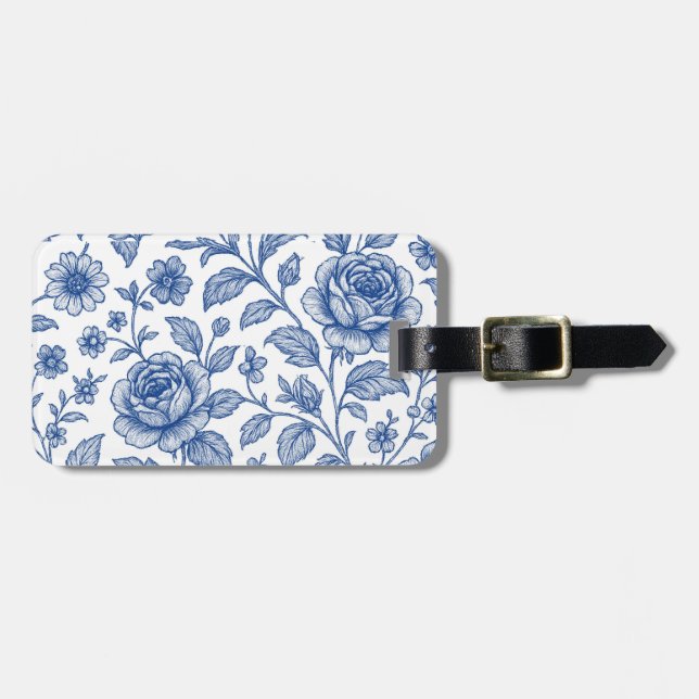 Étiquette À Bagage Modèle Floral Royal Bleu Rose (Devant horizontal)
