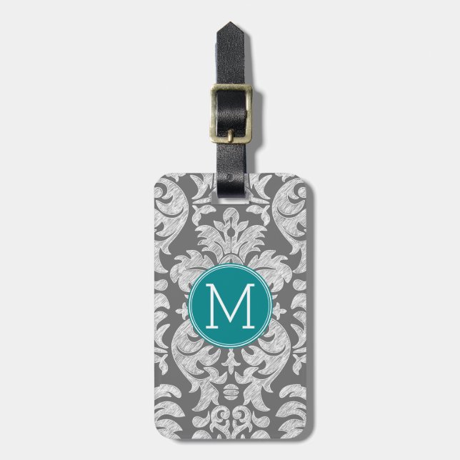 Étiquette À Bagage Modèle gris chic et Damas Turquoise Monogramme per (Devant Vertical)