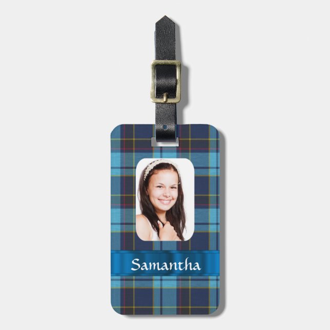 Étiquette À Bagage Modèle photo tartan bleu (Devant Vertical)