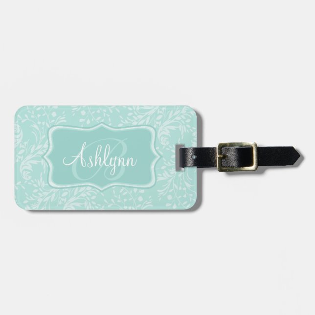 Étiquette À Bagage Modélisation fleur sauvage damask turquoise porte- (Devant horizontal)