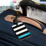 Étiquette À Bagage Modern Black, Cream & Turquoise Stripe<br><div class="desc">Chic luggage tag features wide black and cream stripes with a summery turquoise aqua colorblock accent. Customize the back with your name and contact details.</div>