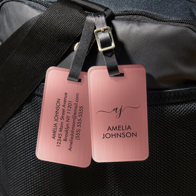 Étiquette À Bagage Modern Faux Rose Gold Script Monogram Personalized (Créateur téléchargé)