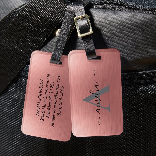 Étiquette À Bagage Modern Faux Rose Gold Script Monogram Personalized (Créateur téléchargé)