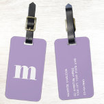Étiquette À Bagage Modern Monogram Initial Lilac Pastel<br><div class="desc">Modern lower case typography minimalist monogram initial design which can be changed to personalize,  along with the details on the reverse. White on a pastel lilac background for a dose of dopamine!</div>