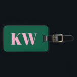 Étiquette À Bagage Modern Pink Green Monogram Initials Personalized<br><div class="desc">This luggage tag features your initials and contact information in pink on a green background.</div>