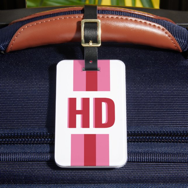 Étiquette À Bagage Modern Red and Pink striped Shadow Monogram Travel (Insitu Rectoal 2)