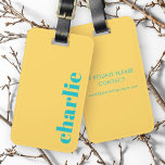 Étiquette À Bagage Modern typography yellow and teal<br><div class="desc">Modern,  minimal luggage tag with your custom name or text aligned vertically to the right on a yellow background.</div>