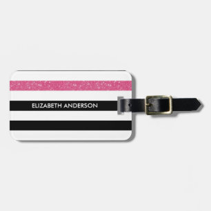Étiquette À Bagage Moderne Black Grilles FAUX Rose Glitz et nom
