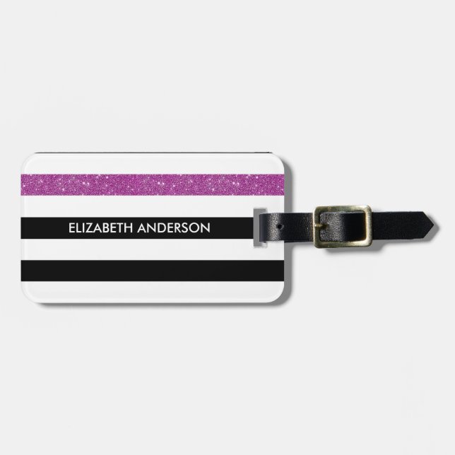 Étiquette À Bagage Moderne Black Stripes FAUX Purple Glitz et nom (Devant horizontal)