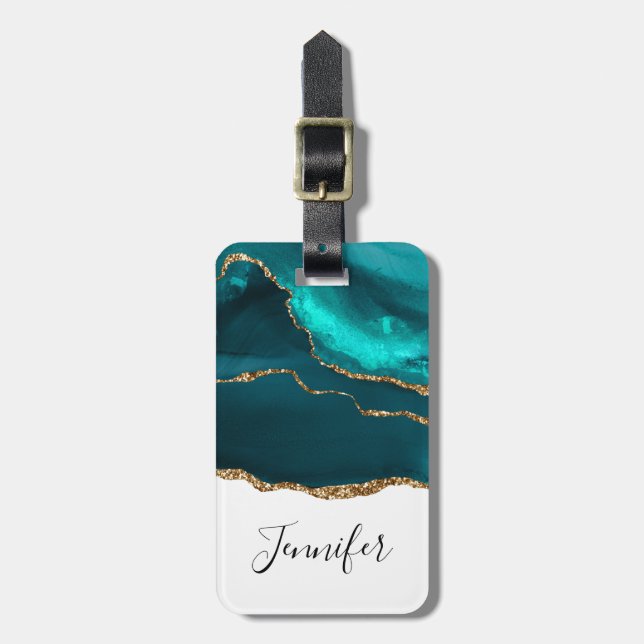 Étiquette À Bagage Moderne Design Turquoise Agate & Gold Ribbon sur B (Devant Vertical)