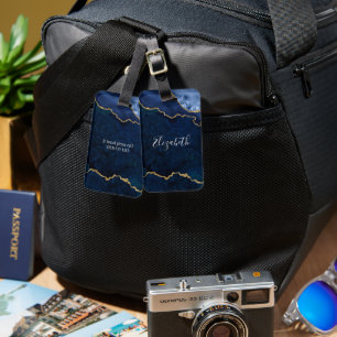 Étiquette À Bagage Moderne Elégant Aquarelle Marbre Géode Bleu Or