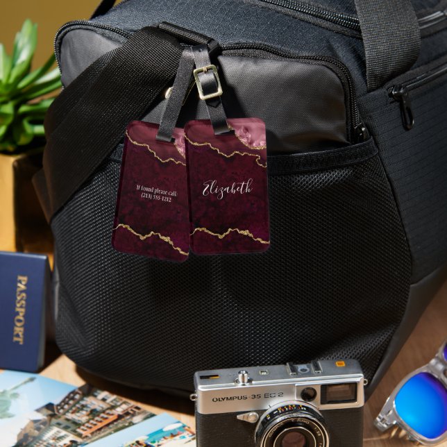 Étiquette À Bagage Moderne Elegant Aquarelle Marbre Géode Rose Or (Recto & Verso)