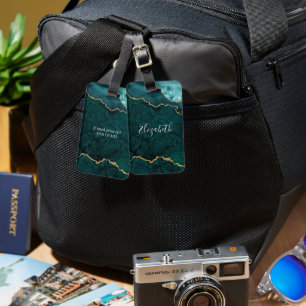 Étiquette À Bagage Moderne Elegant Aquarelle Marbre Géode Turquoise O