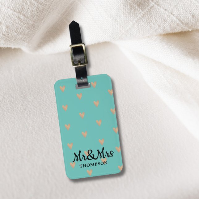 Étiquette À Bagage Moderne Elégant Blue Faux Gold Hearts Mr&Mrs. (Créateur téléchargé)