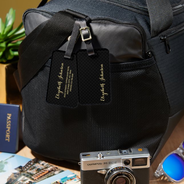 Étiquette À Bagage Moderne élégant élégant Black À damiers Gold Trave (Recto & Verso)