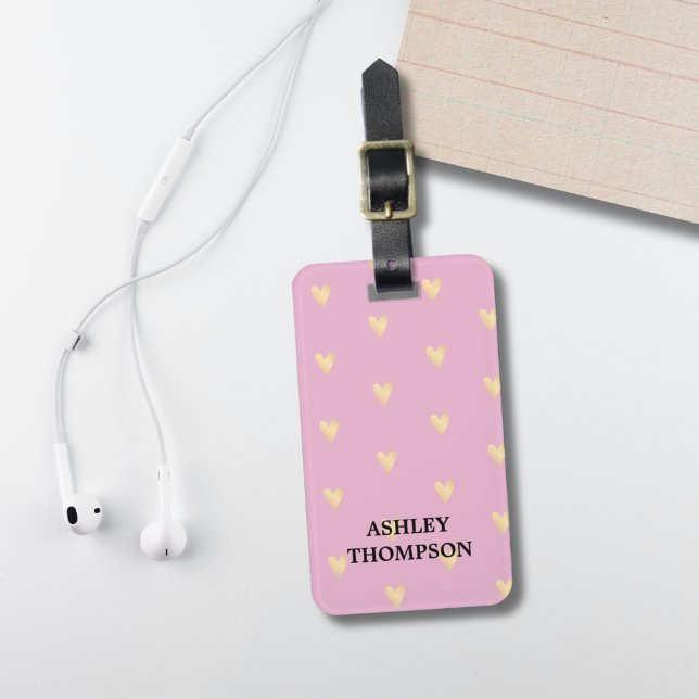 Étiquette À Bagage Moderne Elégant Rose Faux Gold Hearts (Créateur téléchargé)