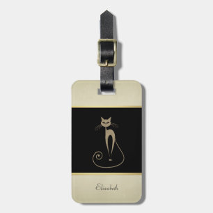 Étiquette À Bagage Moderne Élégante Féminine, Noir, Crème, Chat Paill