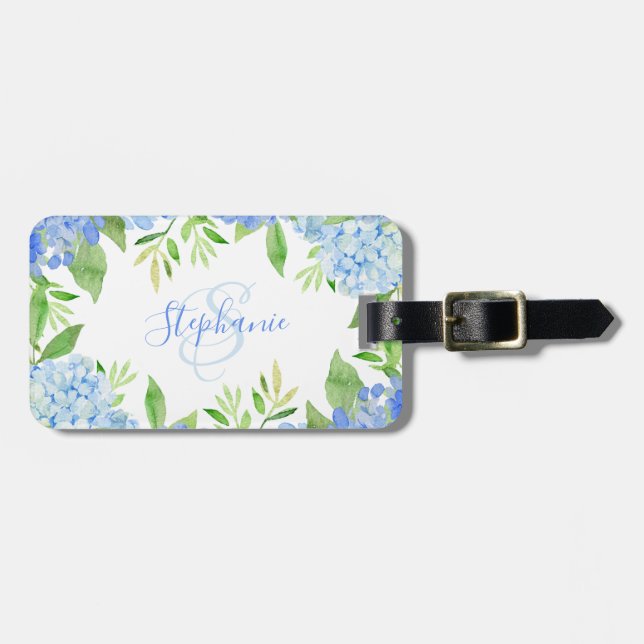 Étiquette À Bagage Moderne Floral bleu Hydrangée Aquarelle Monogramme (Devant horizontal)