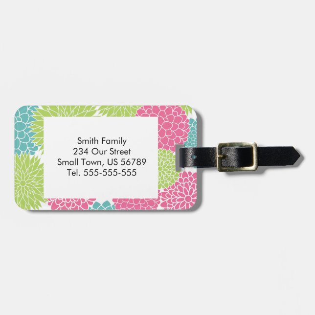 Étiquette À Bagage Moderne Lime vert et Fleurs roses chaudes (Devant horizontal)