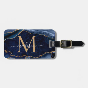 Étiquette À Bagage Moderne Marine Blue Gold Agate Géode Girly Monogra