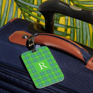 Étiquette À Bagage Moderne monogramme à carreaux écossais vert et ble