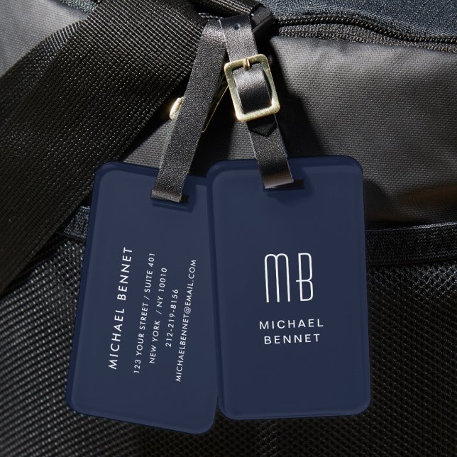 Étiquette À Bagage Moderne Monogramme Bleu Marine  (Modern Monogrammed Navy Blue Luggage Tag)