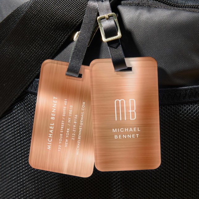 Étiquette À Bagage Moderne Monogramme Cuivre Métallisé (Modern Monogram Copper Metallic Luggage Tag)