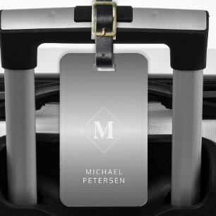 Étiquette À Bagage Moderne monogrammé en métal argenté brossé