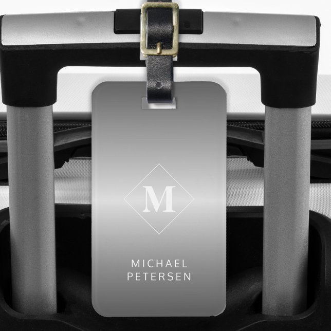 Étiquette À Bagage Moderne monogrammé en métal argenté brossé (Créateur téléchargé)