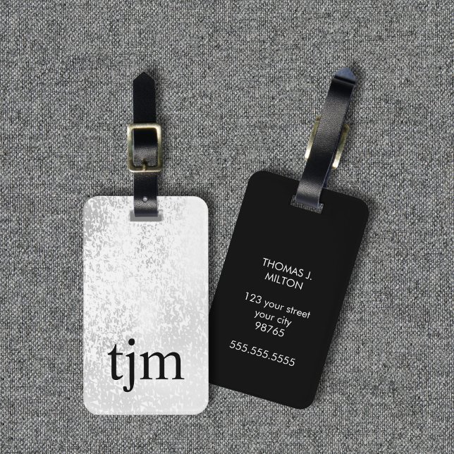 Étiquette À Bagage Moderne monogramme gras faux argent noir (Créateur téléchargé)