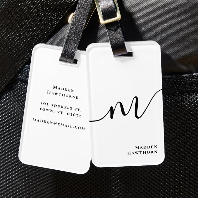 Étiquette À Bagage Moderne Monogramme Script Calligraphie noir blanc (Créateur téléchargé)