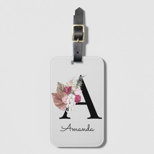 Étiquette À Bagage Moderne Rose Boho Féminin Floral Initiale A (Devant Vertical)
